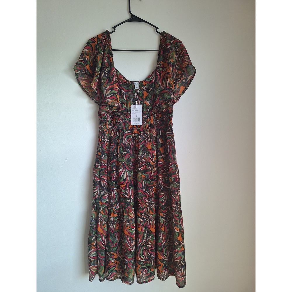 Marissa‎ Olivia Womens Smocked Tiered Midi Dress Red Green Leaf Print size S